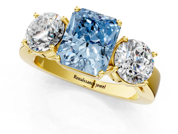 Yellow gold Three-Stone Fancy Blue Radiant Cut Diamond Ring with Round Side Stones, Classic Band, and Four-Prong Setting