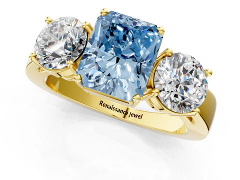 Yellow gold Three-Stone Fancy Blue Radiant Cut Diamond Ring with Round Side Stones, Classic Band, and Four-Prong Setting_1