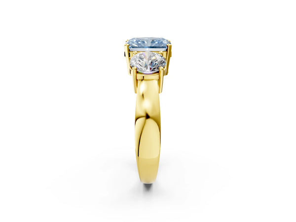 Yellow gold Three-Stone Fancy Blue Radiant Cut Diamond Ring with Round Side Stones, Classic Band, and Four-Prong Setting