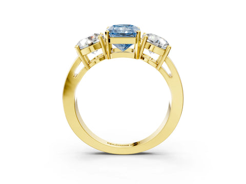 Yellow gold Three-Stone Fancy Blue Radiant Cut Diamond Ring with Round Side Stones, Classic Band, and Four-Prong Setting_3
