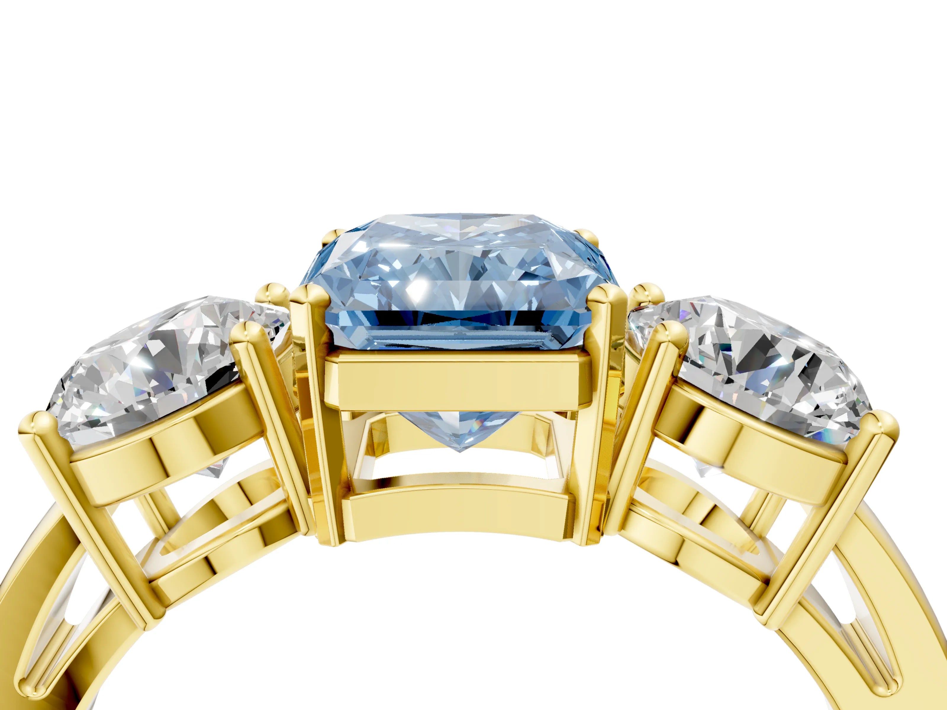 Yellow gold Three-Stone Fancy Blue Radiant Cut Diamond Ring with Round Side Stones, Classic Band, and Four-Prong Setting_4