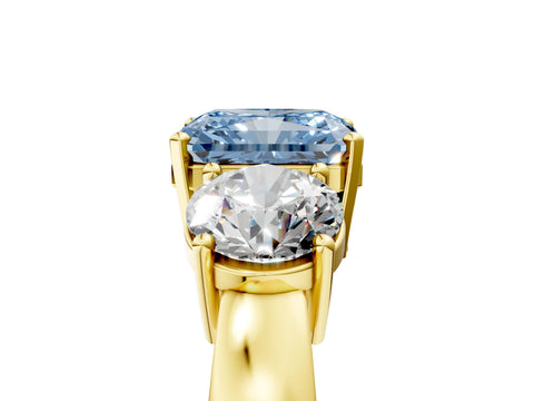 Yellow gold Three-Stone Fancy Blue Radiant Cut Diamond Ring with Round Side Stones, Classic Band, and Four-Prong Setting_5