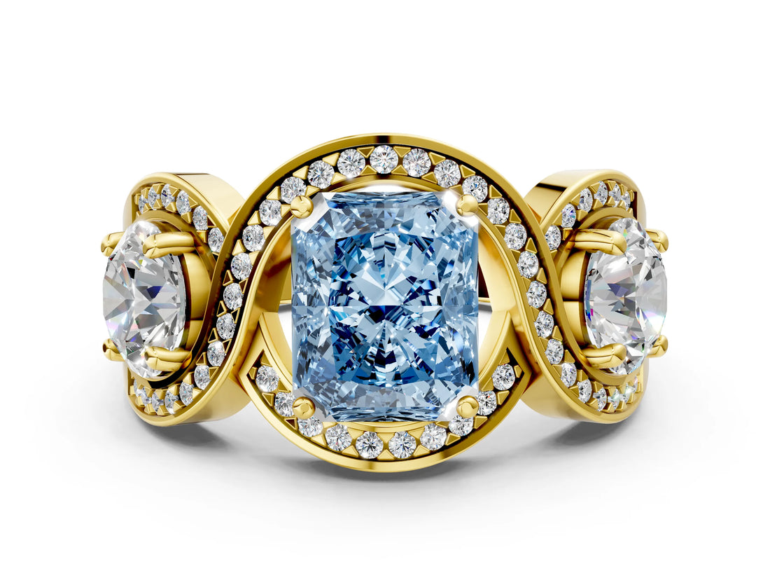 Yellow gold Three-Stone Fancy Blue Radiant Cut Diamond Wave Pave Band with Prong Setting_18