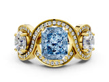 Yellow gold Three-Stone Fancy Blue Radiant Cut Diamond Wave Pave Band with Prong Setting_18