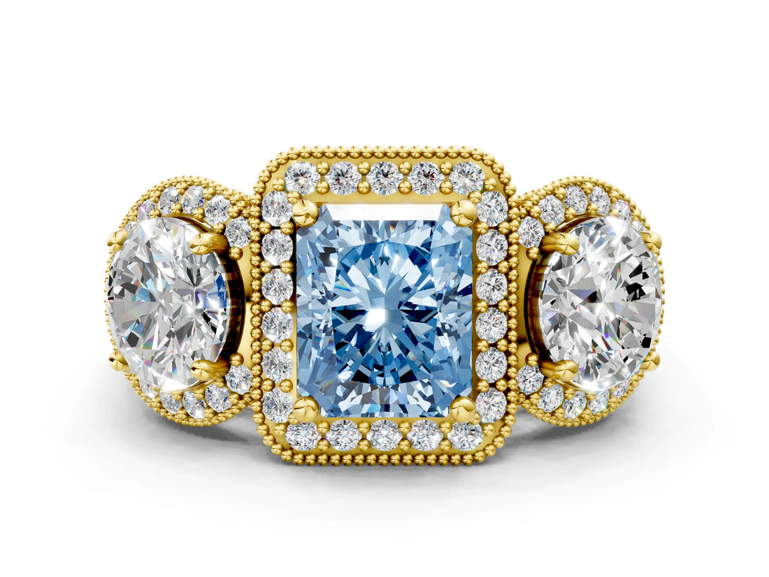 Yellow gold Three-Stone Fancy Blue Radiant Cut Halo Diamond Milgrain Band with Four-Prong Setting