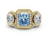 Yellow gold Three-Stone Fancy Blue Radiant Cut Halo Diamond Milgrain Band with Four-Prong Setting