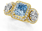 Yellow gold Three-Stone Fancy Blue Radiant Cut Halo Diamond Milgrain Band with Four-Prong Setting_1