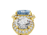 Yellow gold Three-Stone Fancy Blue Radiant Cut Halo Diamond Milgrain Band with Four-Prong Setting_5