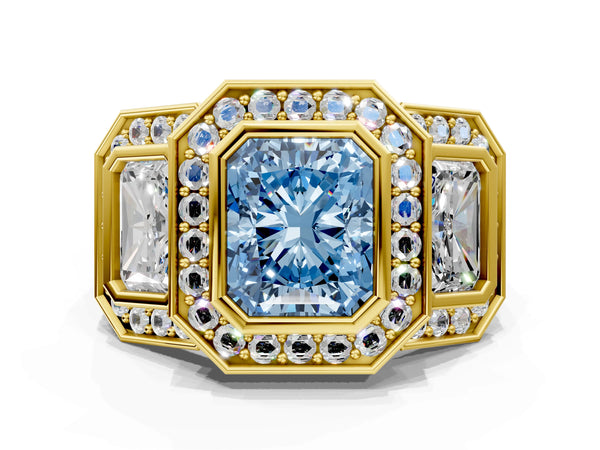 Yellow gold Three-Stone Fancy Blue Radiant Cut Halo Pavé Diamond Ring