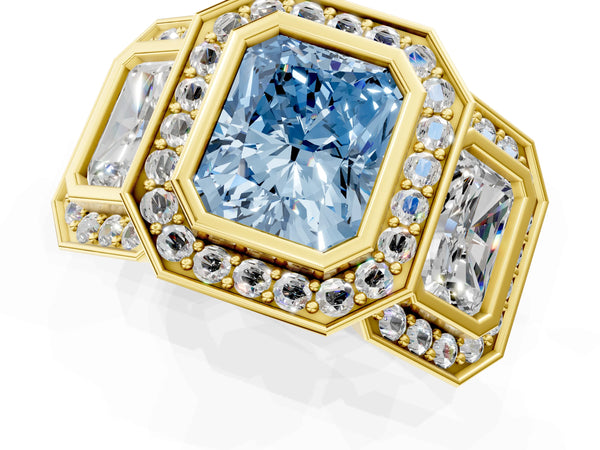 Yellow gold Three-Stone Fancy Blue Radiant Cut Halo Pavé Diamond Ring