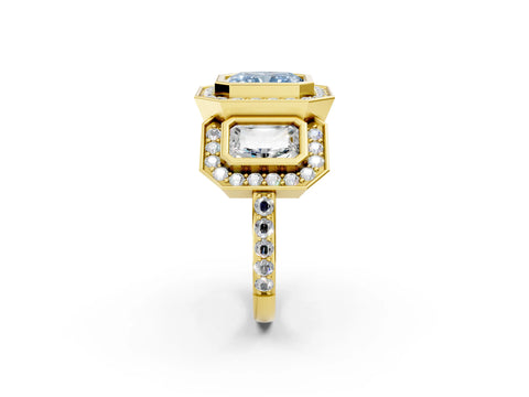 Yellow gold Three-Stone Fancy Blue Radiant Cut Halo Pavé Diamond Ring_2