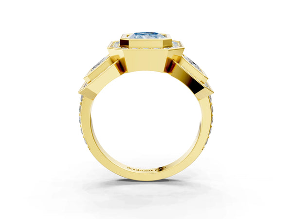 Yellow gold Three-Stone Fancy Blue Radiant Cut Halo Pavé Diamond Ring