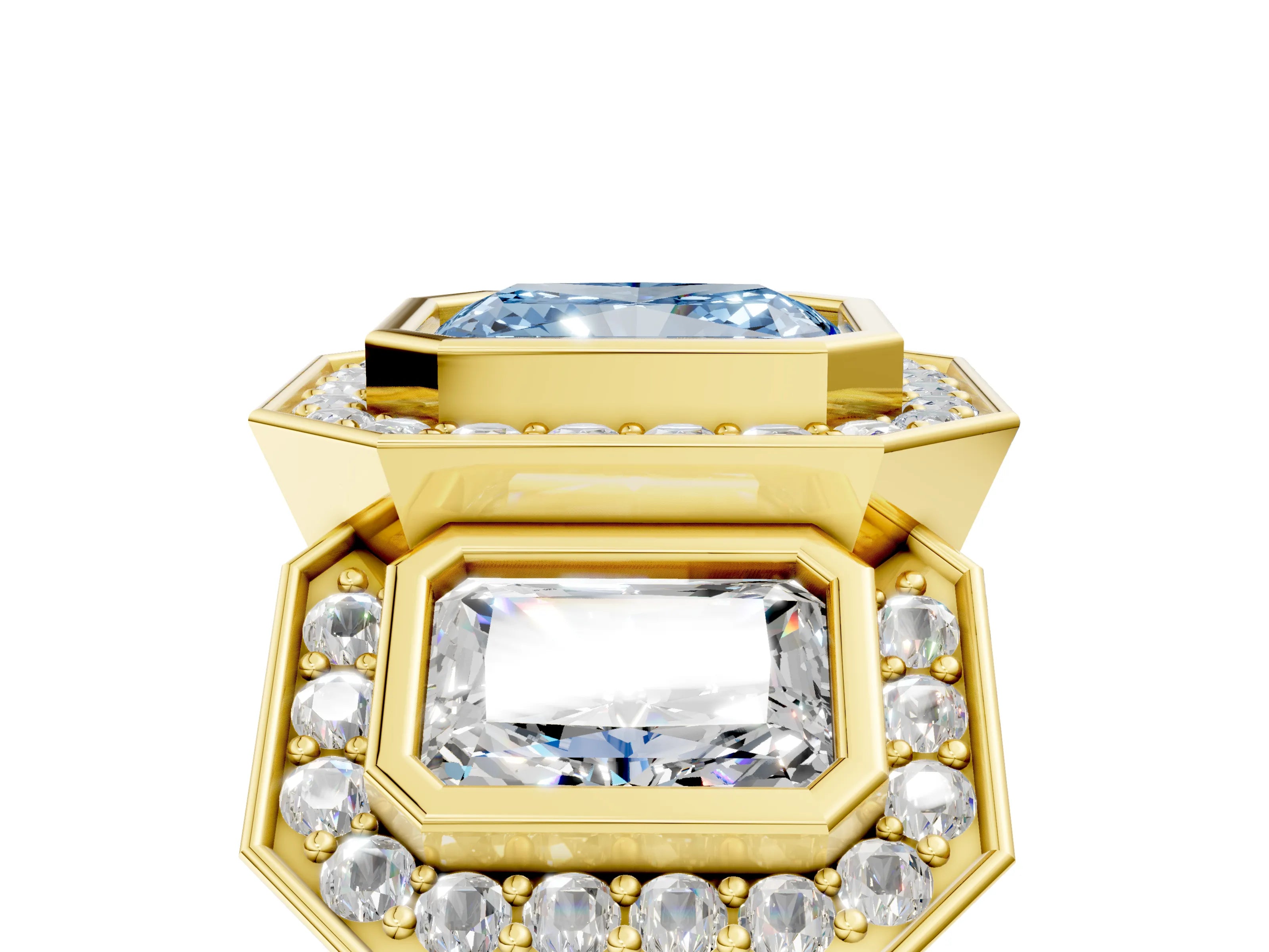 Yellow gold Three-Stone Fancy Blue Radiant Cut Halo Pavé Diamond Ring_5