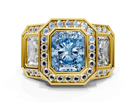 Yellow gold Three-Stone Fancy Blue Radiant Cut Halo Pavé Diamond Ring