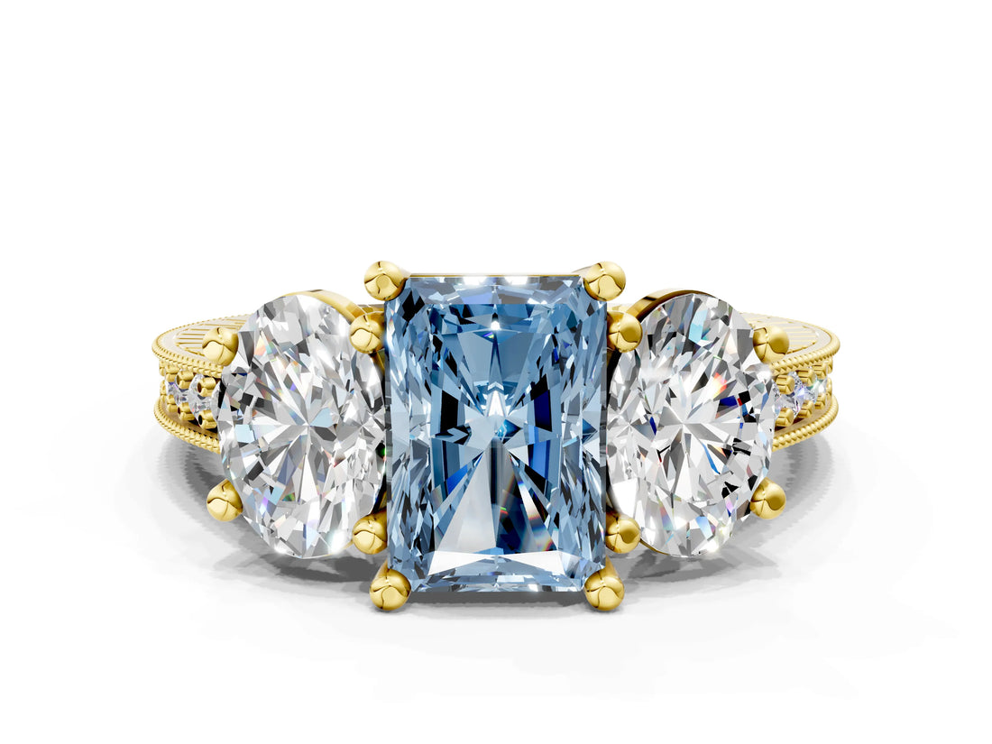 Yellow gold Three-Stone Fancy Blue Radiant  Diamond Milgrain Pave Band with Prong Setting
