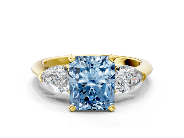 Yellow gold Three-Stone Fancy Blue Radiant Cut Diamond Ring with Pear Side Stones and Four-Prong Setting