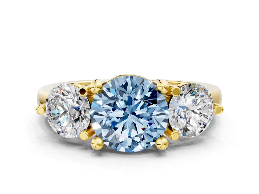 Yellow gold Three-Stone Fancy Blue Round  Brilliant Cut Solitaire Ring with Prong Setting on a Classic Band 1