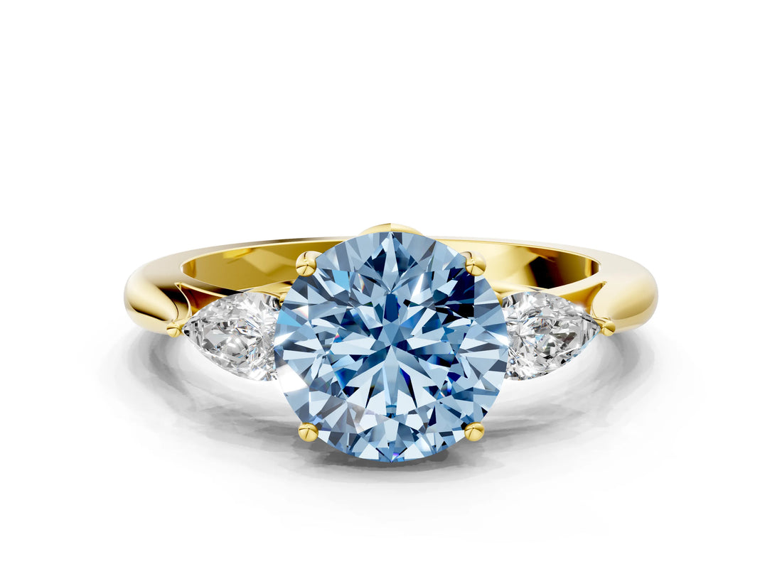 Yellow gold Three-Stone Fancy Blue Round Cut Brilliant Diamond Solitaire Ring with Tapered Band and Four-Prong Setting_6