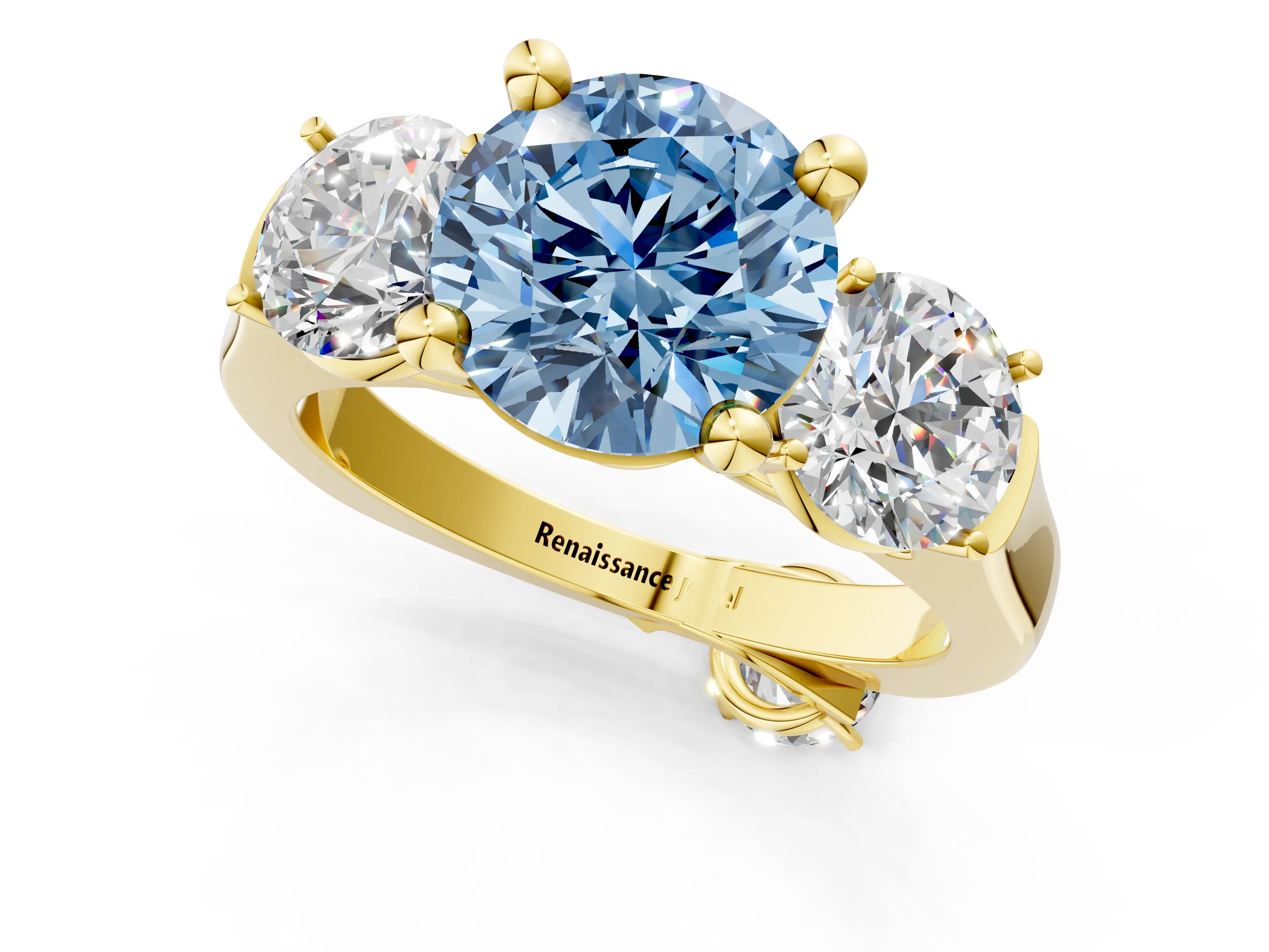 Yellow gold Three-Stone Fancy Blue Round Cut Brilliant Diamond Trellis Ring with Comfort Fit Band_1