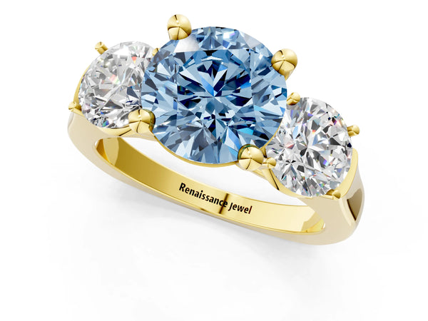 Yellow gold Three-Stone Fancy Blue Round Cut Brilliant Diamond Trellis Ring with Comfort Fit Band