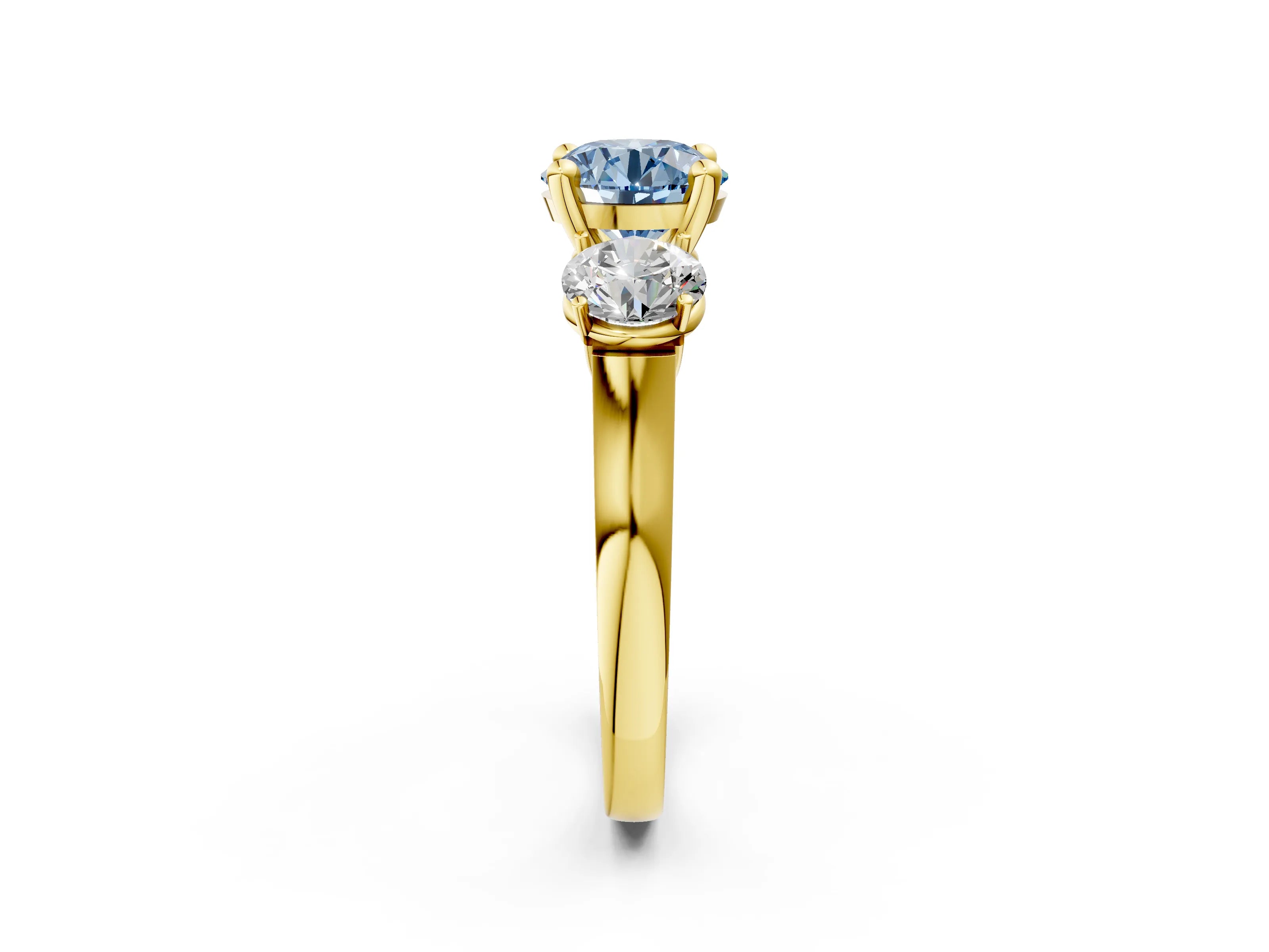 Yellow gold Three-Stone Fancy Blue Round Cut Brilliant Diamond Trellis Ring with Comfort Fit Band_14