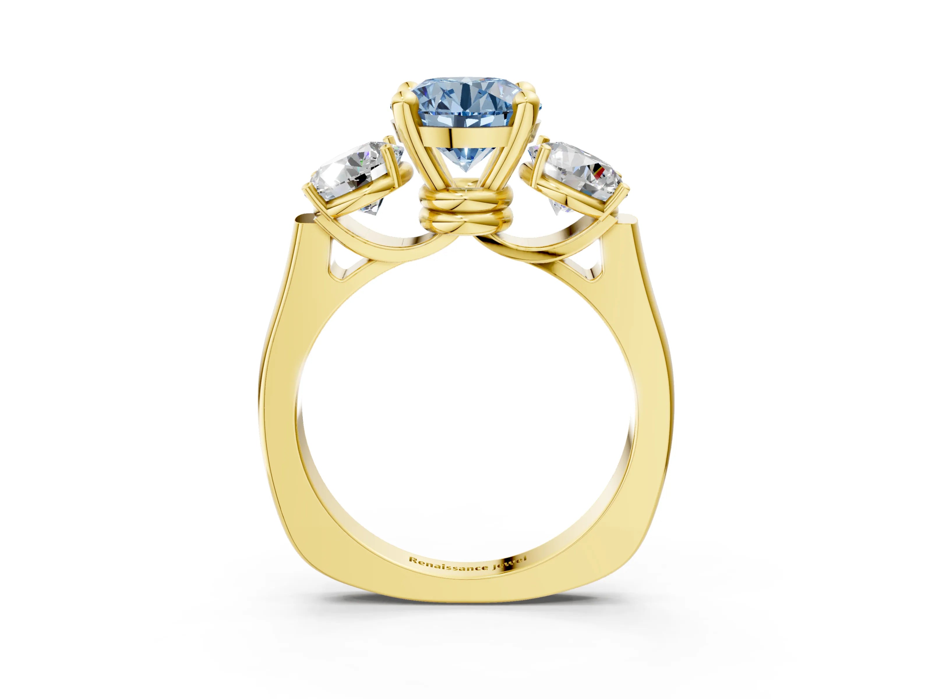 Yellow gold Three-Stone Fancy Blue Round Cut Brilliant Diamond Trellis Ring with Comfort Fit Band_15