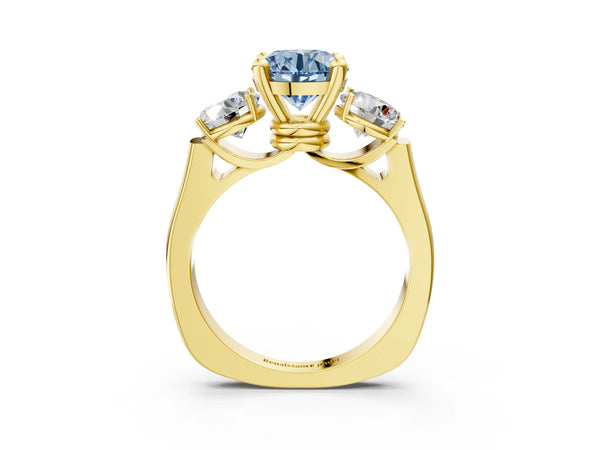 Yellow gold Three-Stone Fancy Blue Round Cut Brilliant Diamond Trellis Ring with Comfort Fit Band