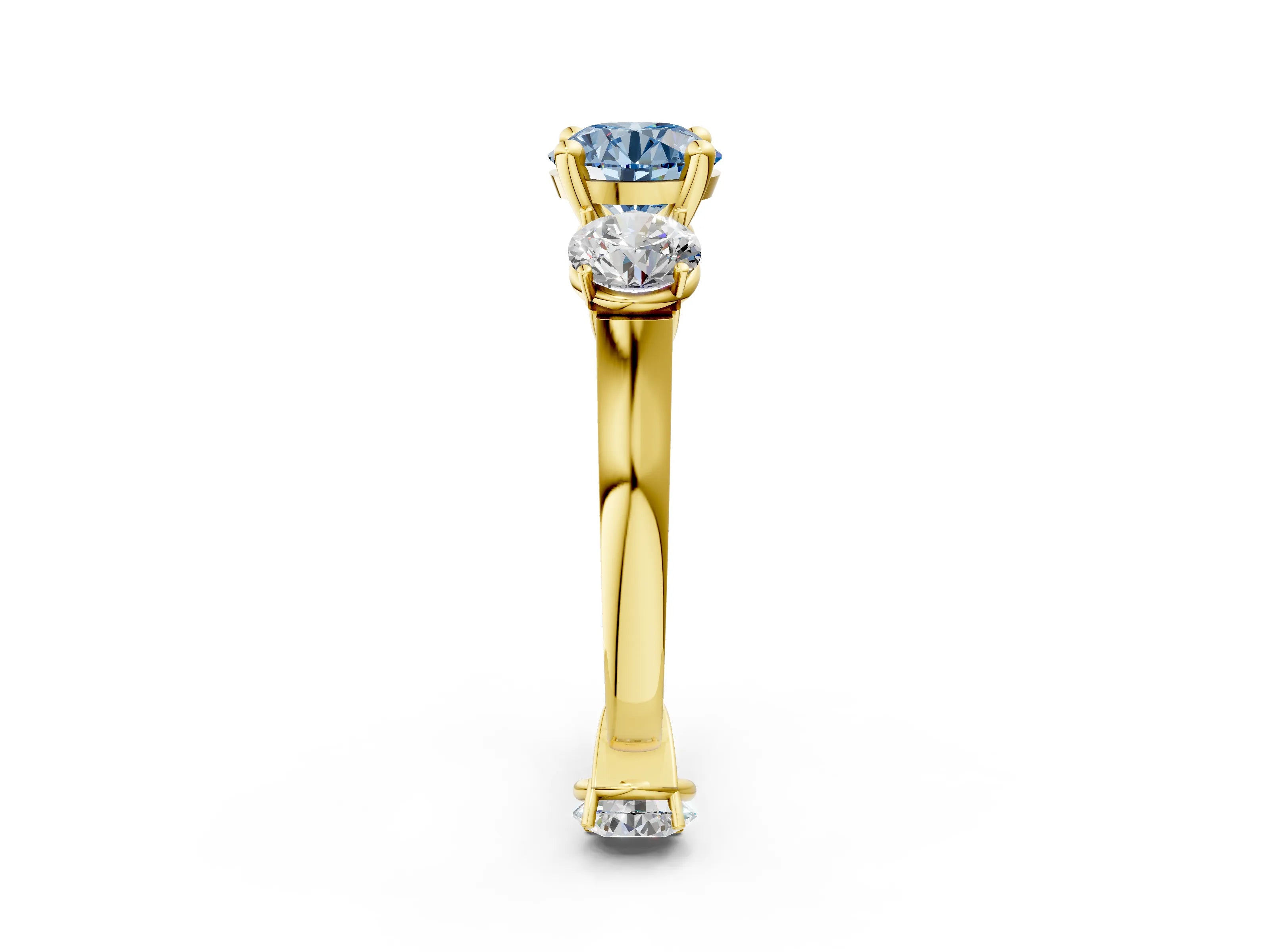 Yellow gold Three-Stone Fancy Blue Round Cut Brilliant Diamond Trellis Ring with Comfort Fit Band_2