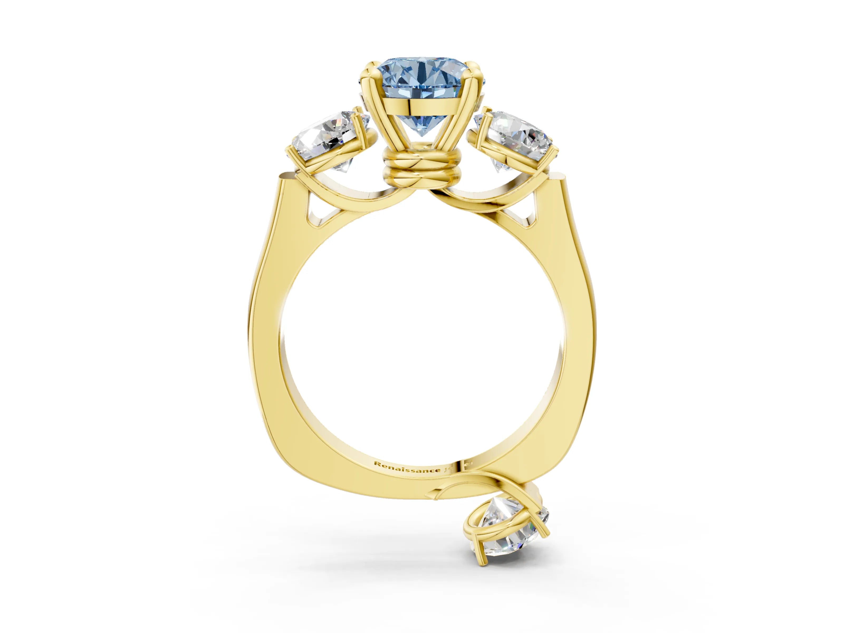Yellow gold Three-Stone Fancy Blue Round Cut Brilliant Diamond Trellis Ring with Comfort Fit Band_3