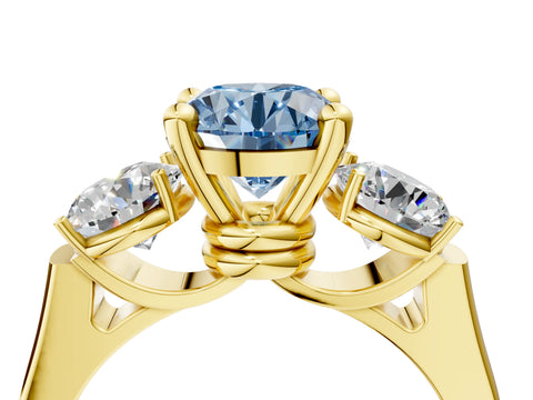 Yellow gold Three-Stone Fancy Blue Round Cut Brilliant Diamond Trellis Ring with Comfort Fit Band_4