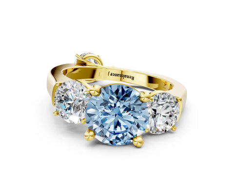 Yellow gold Three-Stone Fancy Blue Round Cut Brilliant Diamond Trellis Ring with Comfort Fit Band
