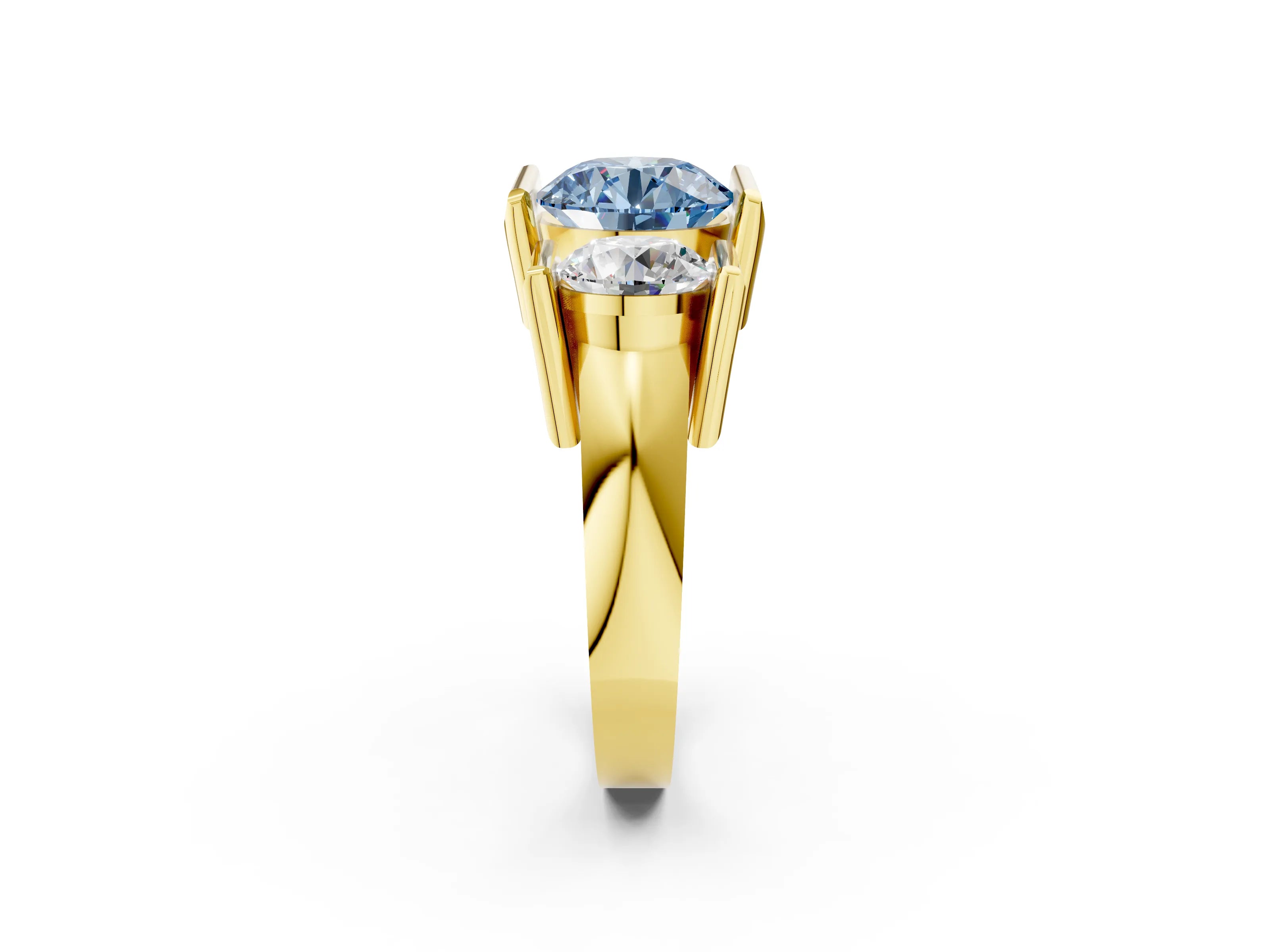 Yellow gold Three Stone Fancy Blue Round Cut Cut Channel Set Diamond Ring_2