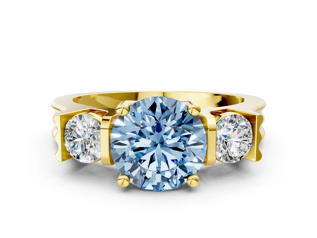 Yellow gold Three-Stone Fancy Blue Round Cut Cut Classic Band Prong Setting Ring