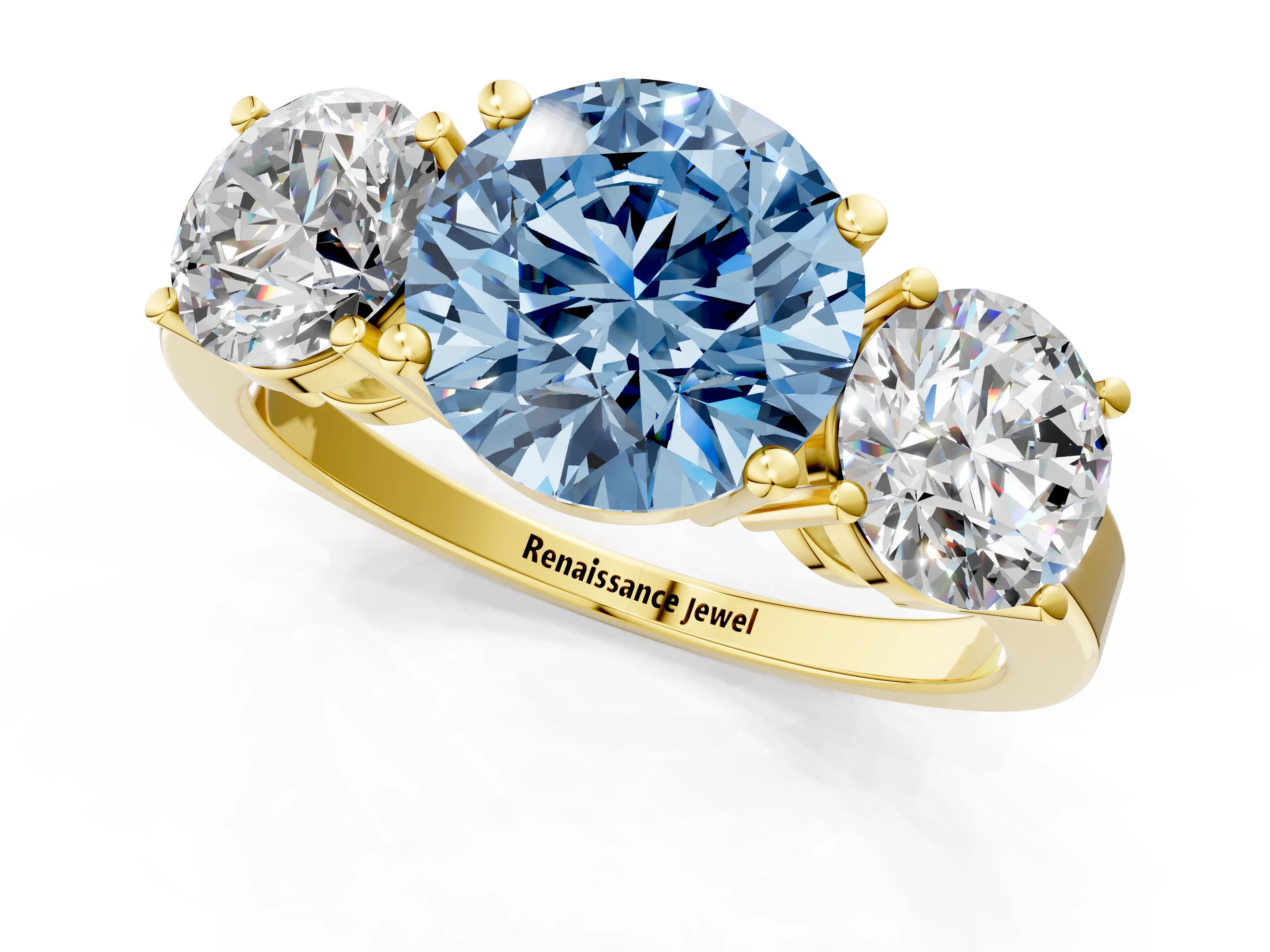 Yellow gold Three-Stone Fancy Blue Round Cut Cut Diamond Engagement Ring with Flat Band and Four-Prong Setting_1