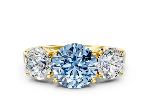 Yellow gold Three-Stone Fancy Blue Round Cut Cut Diamond Engagement Ring with Flat Band and Four-Prong Setting