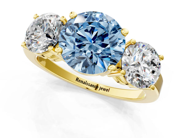 Yellow gold Three-Stone Fancy Blue Round Cut Cut Diamond Engagement Ring with Flat Band and Four-Prong Setting