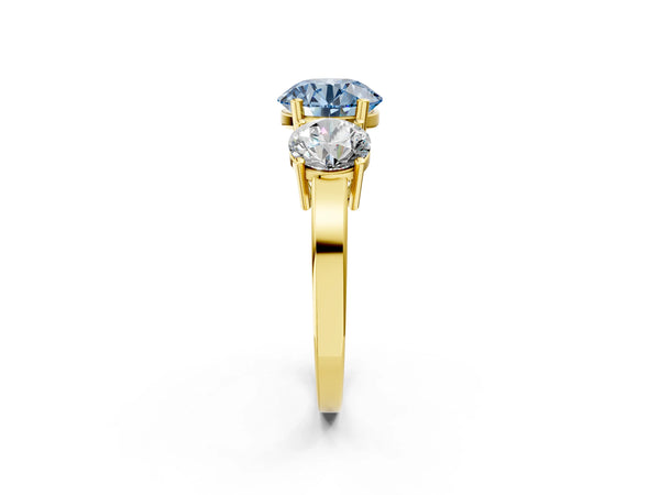 Yellow gold Three-Stone Fancy Blue Round Cut Cut Diamond Engagement Ring with Flat Band and Four-Prong Setting