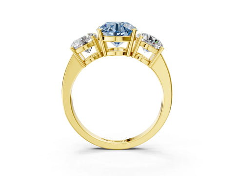 Yellow gold Three-Stone Fancy Blue Round Cut Cut Diamond Engagement Ring with Flat Band and Four-Prong Setting_15