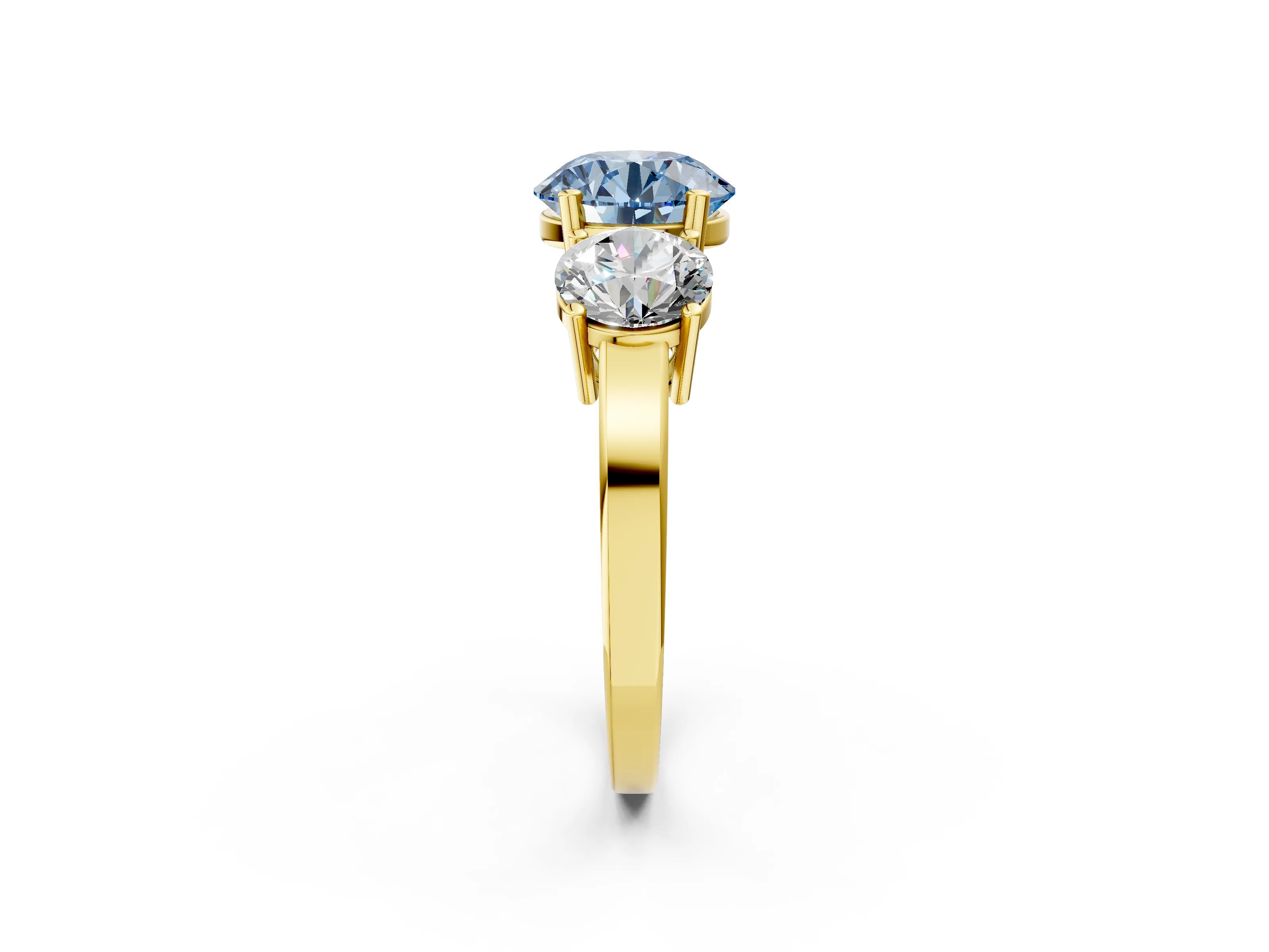 Yellow gold Three-Stone Fancy Blue Round Cut Cut Diamond Engagement Ring with Flat Band and Four-Prong Setting_2