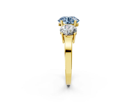 Yellow gold Three-Stone Fancy Blue Round Cut Cut Diamond Engagement Ring with Flat Band and Four-Prong Setting_2