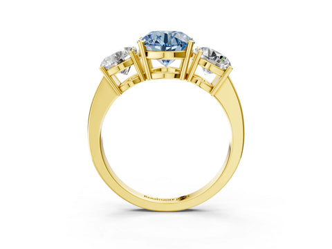 Yellow gold Three-Stone Fancy Blue Round Cut Cut Diamond Engagement Ring with Flat Band and Four-Prong Setting_3