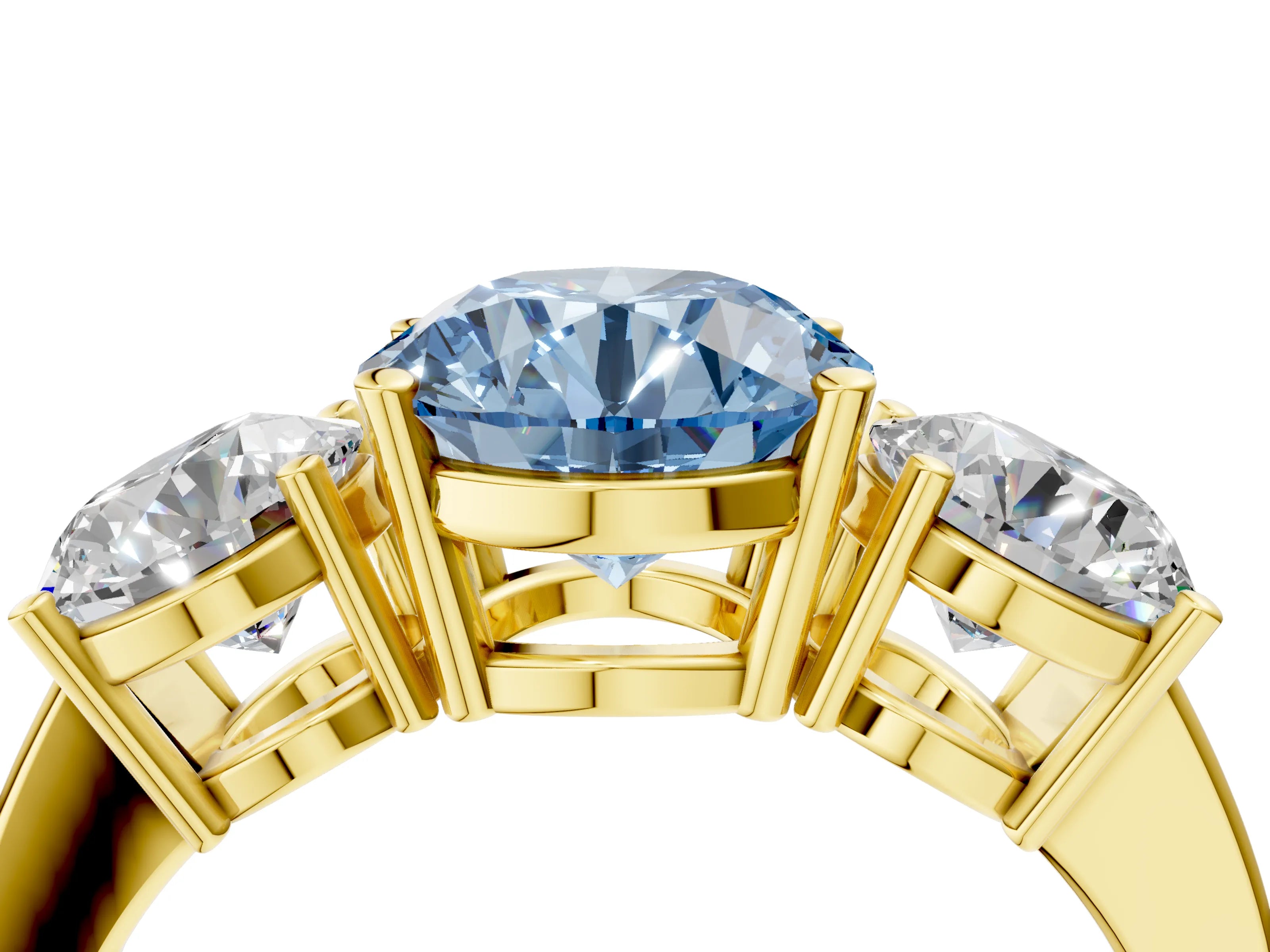 Yellow gold Three-Stone Fancy Blue Round Cut Cut Diamond Engagement Ring with Flat Band and Four-Prong Setting_4