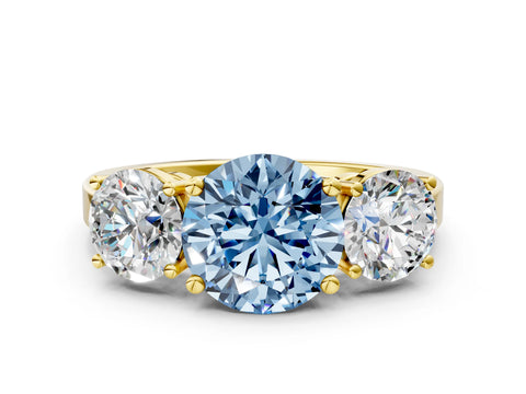 Yellow gold Three-Stone Fancy Blue Round Cut Cut Diamond Engagement Ring with Flat Band and Four-Prong Setting