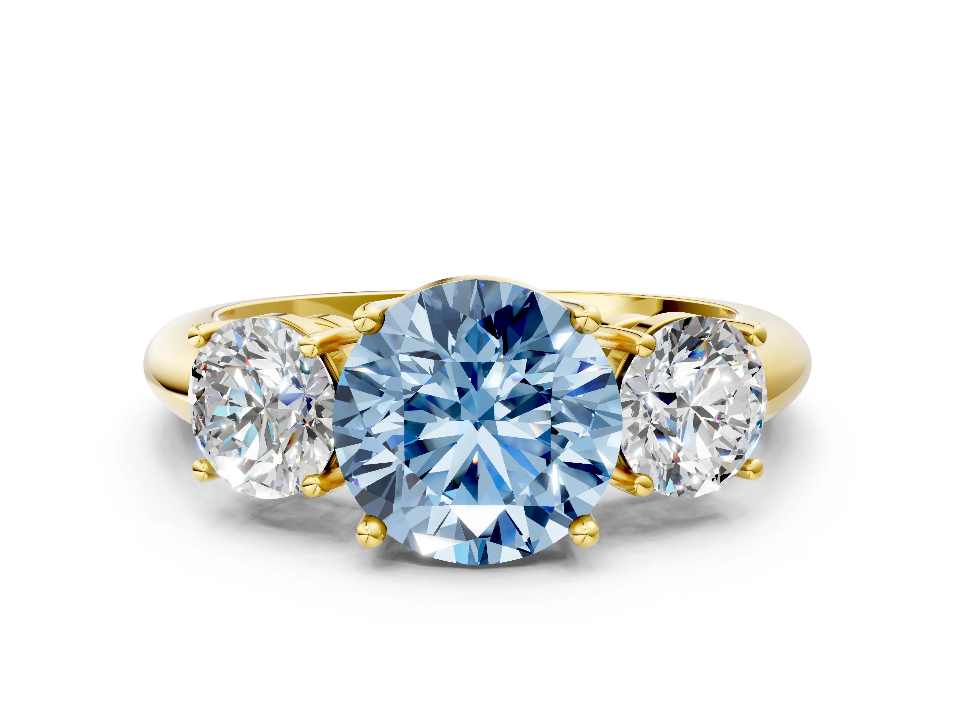 Yellow gold Three-Stone Fancy Blue Round Cut Cut Diamond Engagement Ring with Prong Setting on a White Gold Band