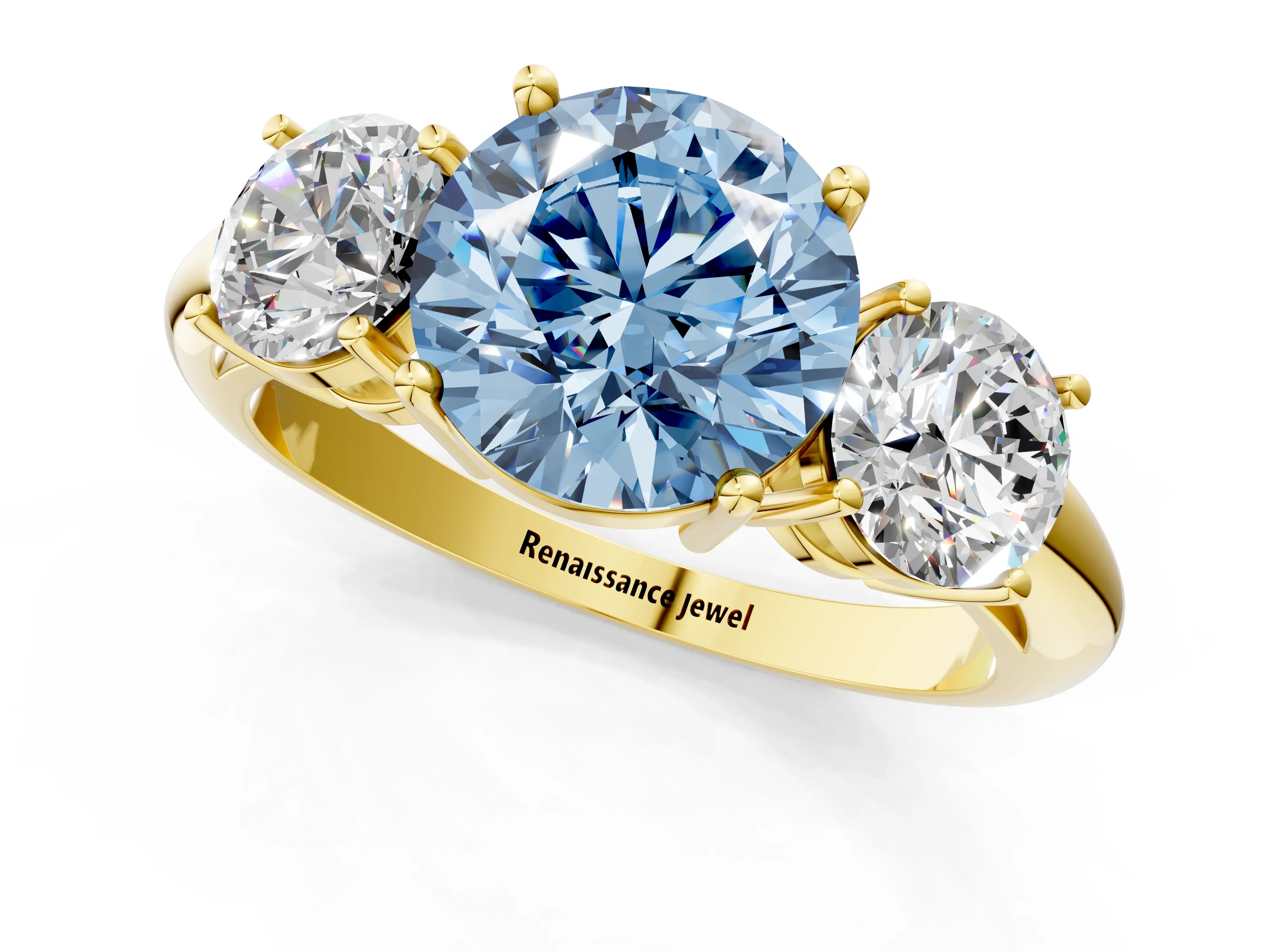 Yellow gold Three-Stone Fancy Blue Round Cut Cut Diamond Engagement Ring with Prong Setting on a White Gold Band_1