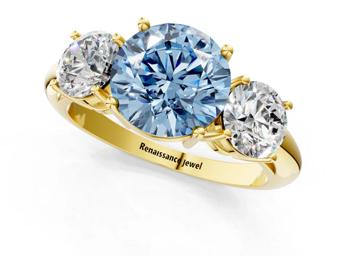 Yellow gold Three-Stone Fancy Blue Round Cut Cut Diamond Engagement Ring with Prong Setting on a White Gold Band_1