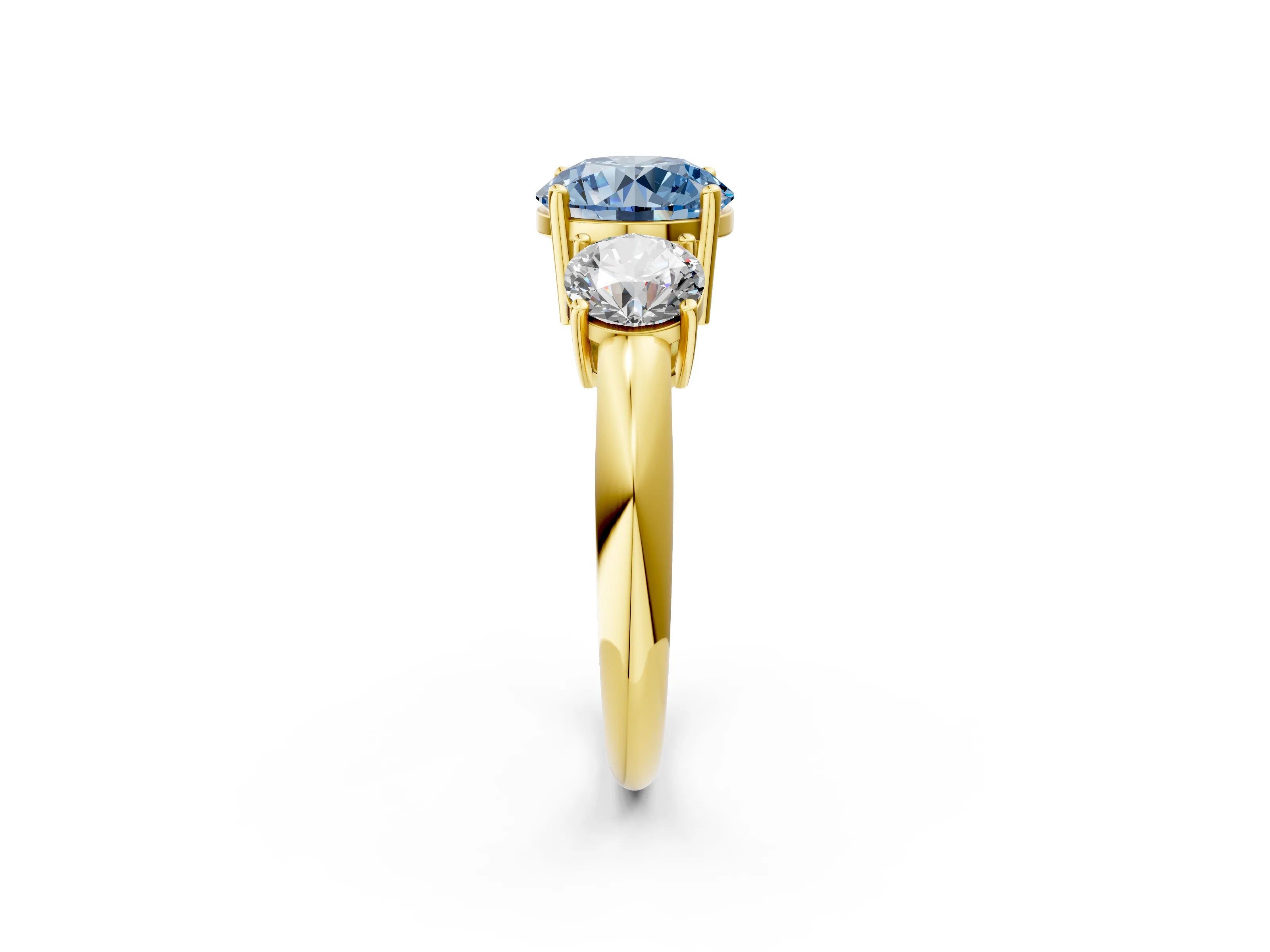 Yellow gold Three-Stone Fancy Blue Round Cut Cut Diamond Engagement Ring with Prong Setting on a White Gold Band_2