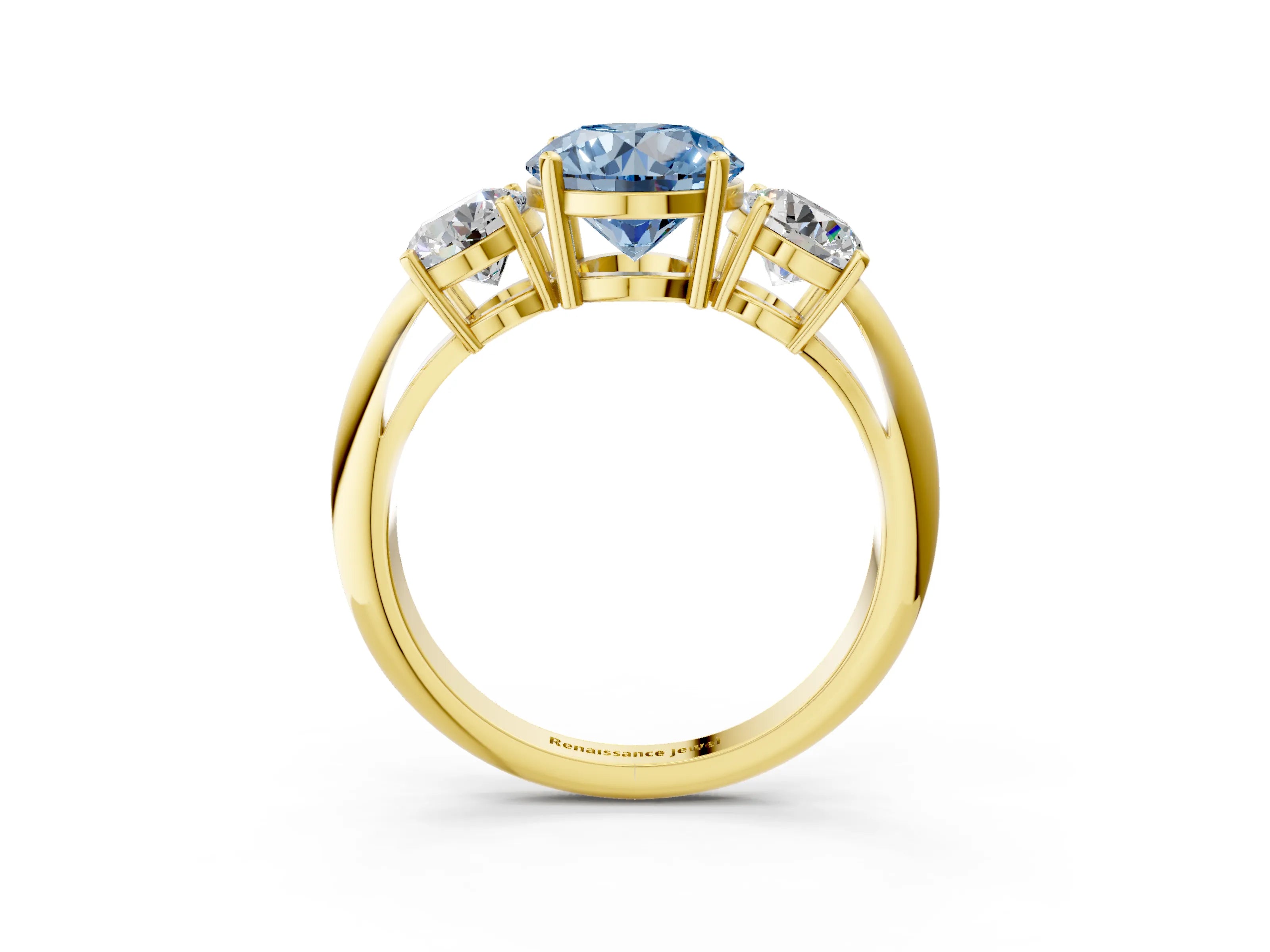 Yellow gold Three-Stone Fancy Blue Round Cut Cut Diamond Engagement Ring with Prong Setting on a White Gold Band_3