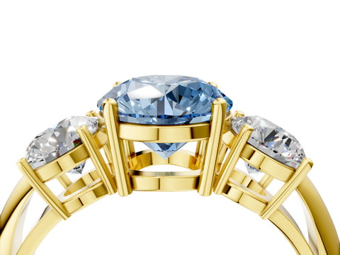 Yellow gold Three-Stone Fancy Blue Round Cut Cut Diamond Engagement Ring with Prong Setting on a White Gold Band_4