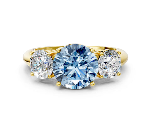Yellow gold Three-Stone Fancy Blue Round Cut Cut Diamond Engagement Ring with Prong Setting on a White Gold Band